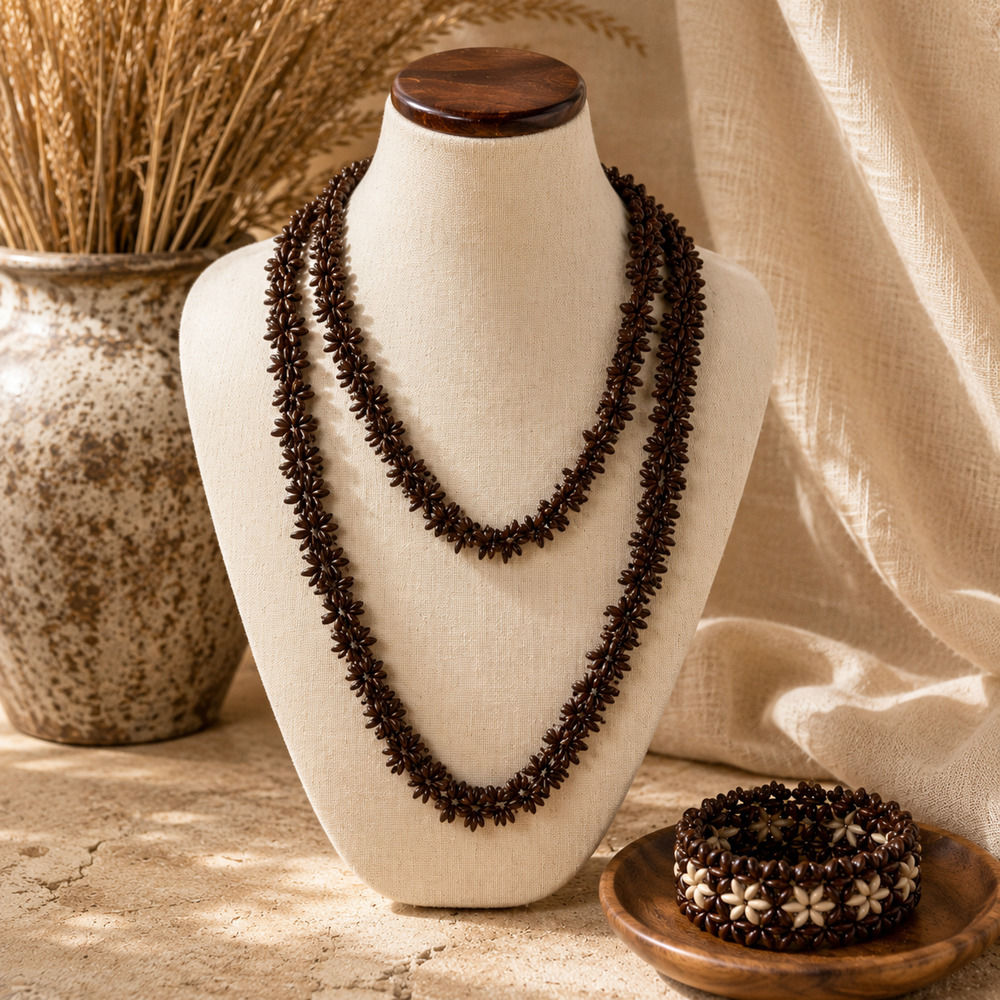 Boho Wooden Seed Bead Necklace Bracelet Set Brown Floral Artisan Statement